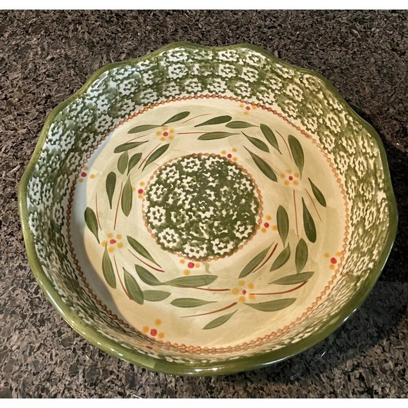 Temptations Old World Green 1 QT Ceramic Floral Baking Pie‎ Dish Scalloped Edge - Picture 2 of 7